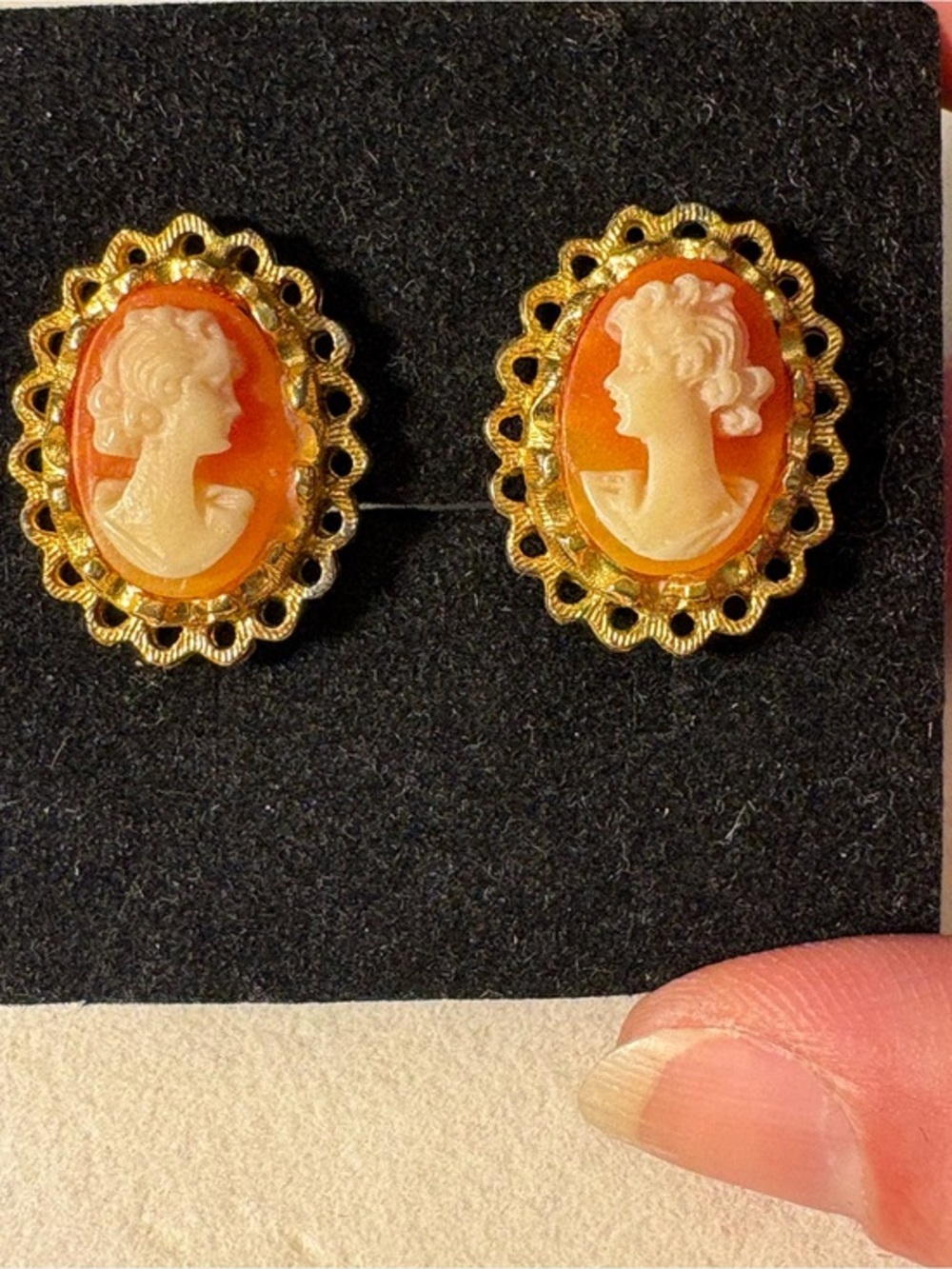 Vintage Coro- Gold-Tone Orange Cameo Clip  Earrings